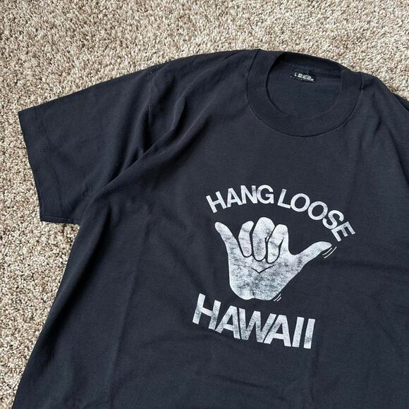 Vintage 90s Hawaii Hang Loose Surf Shaka Black Faded Tee - Picture 2 of 6